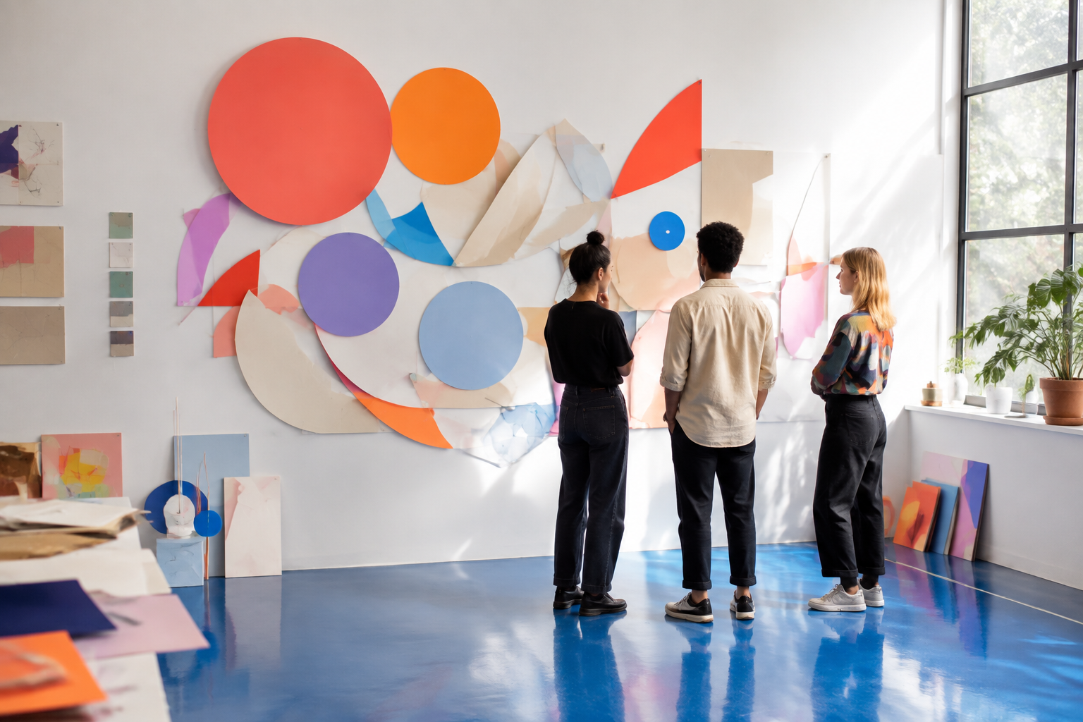 Creative team discussing an abstract studio wall installation